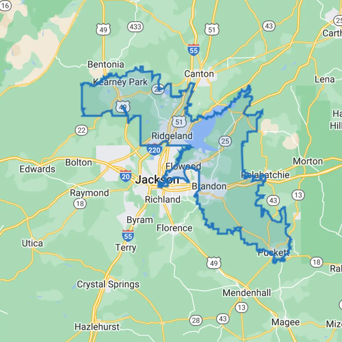 Areas covered by Blue Line Pools: Serving Flowood, MS, and Surrounding Communities